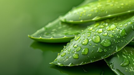 Wall Mural - Closeup view of fresh green leaf with water drops in there on natural background. 