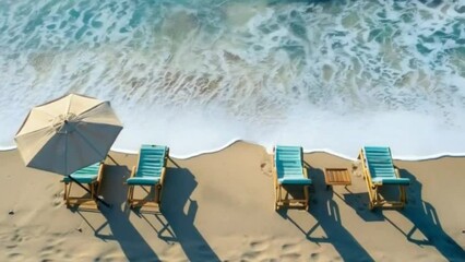 Wall Mural - Two beach chairs and an umbrella on sandy shore with waves in the background. Aerial view. Beach vacation concep.