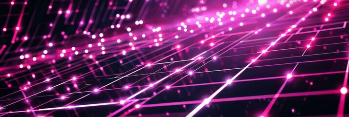 Dark tech background with neon-lit broken grid connections, creating a chaotic and futuristic visual effect
