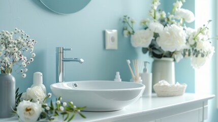 Wall Mural - Pastel Blue Bathroom with White Bouquet and Cosmetic Products
