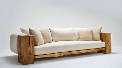 A white couch with wooden legs and pillows.