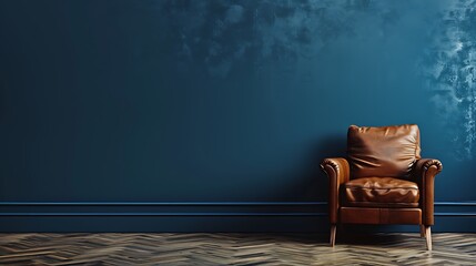 Living room with leather chairs against a dark blue wall surface perfect for modern interior design inspiration
