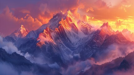 Wall Mural - A stunning sunset over a mountain range, featuring clouds, mountains in the foreground, and warm red and orange hues
