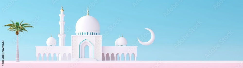 Islamic mosque and crescent moon 3D style illustration on blue ...