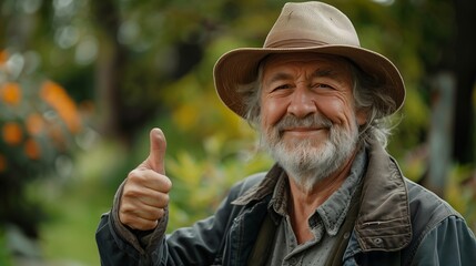 Wall Mural - Positive Elderly Man Showing Thumb Up in Lush Green Park, copy space
