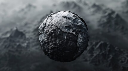 Wall Mural - a dynamic 3d rendering showcases an abstract black and white earth model crafted from rugged metal m