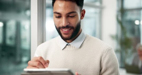 Leinwandbilder - Smile, man and tablet for web design idea with research, planning and communication. Networking, corporate worker and person on digital tech for schedule, touchscreen for reading and social media