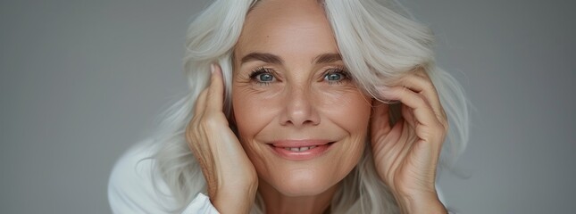 Wall Mural - A beautiful senior woman with white hair smiling and touching her face on grey background