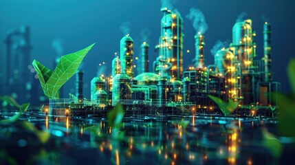 Green industry concept with factory and leaves in futuristic glowing low polygonal style on blue 