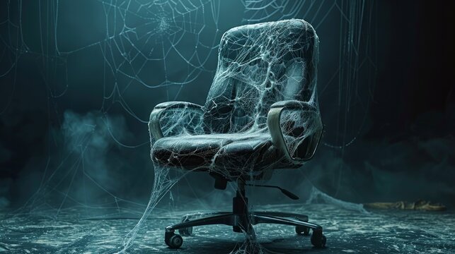 Labor shortage concept illustrated by an office chair marked as vacant and covered in spider webs, symbolizing the lack of skilled staff available 