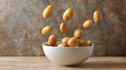 Wall Mural - Flying potatoes over a white bowl