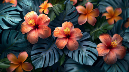 Poster - colorful flower on dark tropical foliage nature background