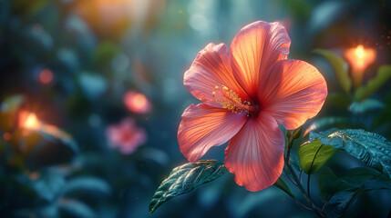 Poster - colorful flower on dark tropical foliage nature background