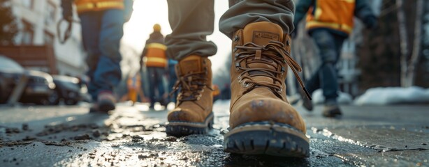 multiple people wearing construction boots and shoes in a closeup shot on the street