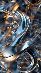Wall Mural - 3D render of an abstract design featuring swirling waves in blue and gold, with intricate details on the edges of each wave
