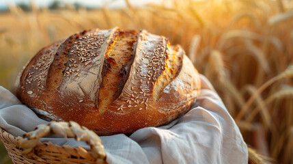 fresh rustic bread on a linen napkin against the background of a wheat field