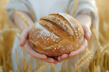 Wall Mural - fresh rustic bread in hands against a background of a wheat field