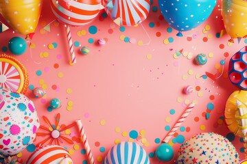 Wall Mural - A Symphony of Celebration: Colorful Balloons and Confetti Dance on a Pink Canvas