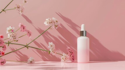 Wall Mural - Serum bottle and flowers on pink background for skincare concept