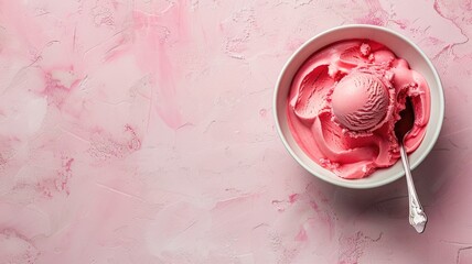 Wall Mural - Pink strawberry ice cream in bowl with spoon on pink background