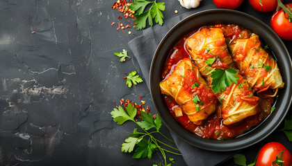 Canvas Print - Delicious stuffed cabbage rolls cooked with tomato sauce on grey table, flat lay. Space for text