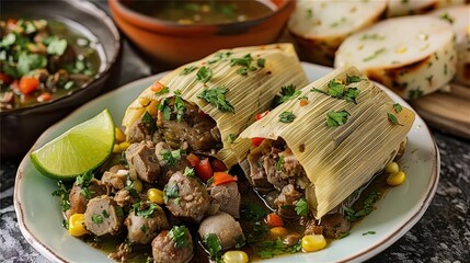 Wall Mural - Delicious homemade tamales with tender meat fillings and fresh vegetables, garnished with chopped herbs, served with lime wedge and bread