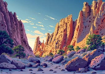 Wall Mural - Majestic Desert Canyon with Vibrant Rock Formations and Sparse Vegetation Under Clear Blue Sky - A Stunning Scenic Landscape View