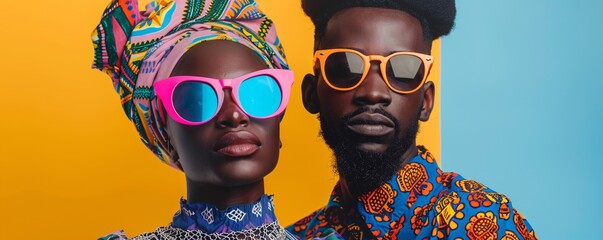 Wall Mural - Fashionable pair in vibrant attire and sunglasses striking a pose against a yellow and blue backdrop