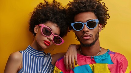 Canvas Print - Stylish couple in bright attire and sunglasses striking a pose against a vivid yellow backdrop