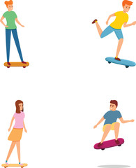 Sticker - Skateboarding sport icons set cartoon vector. Guy and girl riding skateboard. Extreme sport, youth urban culture