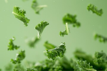 Fresh green kale leaves floating in the air against a green background, showcasing healthy organic food in a vibrant display.