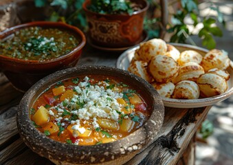 Wall Mural - Traditional South American meal with soup, bread, and vegetables in rustic bowls, showcasing colorful, hearty and delicious cuisine