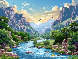 Wall Mural - Breathtaking cartoon landscape of a vibrant river flowing through lush green valleys surrounded by majestic mountains at sunrise