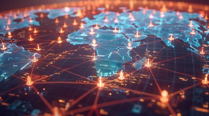 world map with global connection technology represented by glowing lines and icons of people, illust