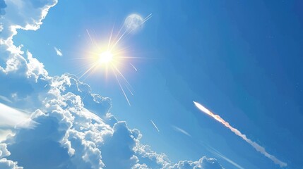 Canvas Print - During the daytime a radiant meteorite blazes across the blue sky resembling a stunning shooting star peeking through the clouds