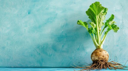 Wall Mural - Fresh turnip plant with leaves and roots on blue background