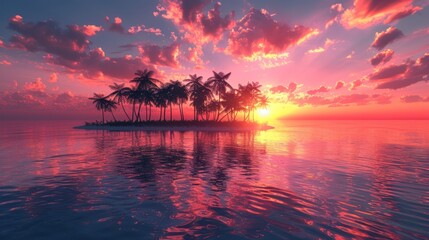 Wall Mural - Tropical Paradise: Colorful Sunset on Island with Silhouetted Palms and Reflective Water