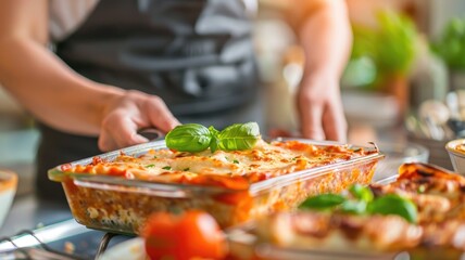 Wall Mural - Person holding freshly baked lasagna topped with basil in casserole dish