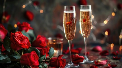 Wall Mural - A romantic ambiance set with champagne and roses for Valentine s Day