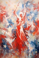 Poster - American patriotic painting of women in red dresses with stars and abstract background. Concept of patriotism, feminist art, independence, national pride. Oil painting. Metaphorical associative card