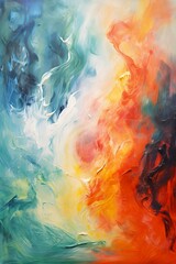 Wall Mural - Abstract colorful swirls of blue, green, red, and yellow paints. Concept of vibrant energy, dynamic movement. Oil painting. Metaphorical associative card. Psychological abstract picture. Vertical