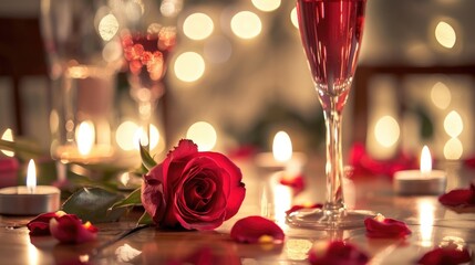 Wall Mural - Elegantly arranged table adorned with wine glasses flickering candles and a single rose set against a backdrop of softly blurred lights creating a romantic ambiance perfect for a Valentine 