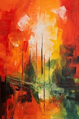 Wall Mural - Abstract landscape with vibrant red and orange hues. Concept of intensity, energy, and creativity. Oil painting. Metaphorical associative card. Psychological abstract picture. Vertical