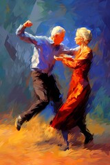 Wall Mural - Elderly couple dancing with joy. Concept of love, happiness, and vitality. Oil painting. Metaphorical associative card. Psychological abstract picture. Vertical