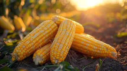 Wall Mural - Corn cobs with corn plantation field background