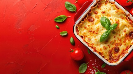 Wall Mural - Hearty lasagna in baking dish with fresh basil and tomatoes on red background