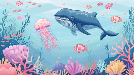 Watercolor style illustration background landscape ocean where whales, penguins, fish and dolphins are swimming in the summer sea. High quality AI generated image