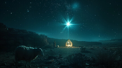 the christmas star in the night sky and the stable of the nativity with sheep. bethlehem night, chri
