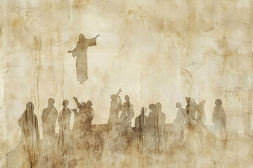 Wall Mural - Ascension of Jesus Christ, abstract background with silhouettes of Christ and disciples on the mountain. Christian illustration for gospel publications