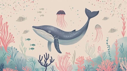 Watercolor style illustration background landscape ocean where whales, penguins, fish and dolphins are swimming in the summer sea. High quality AI generated image